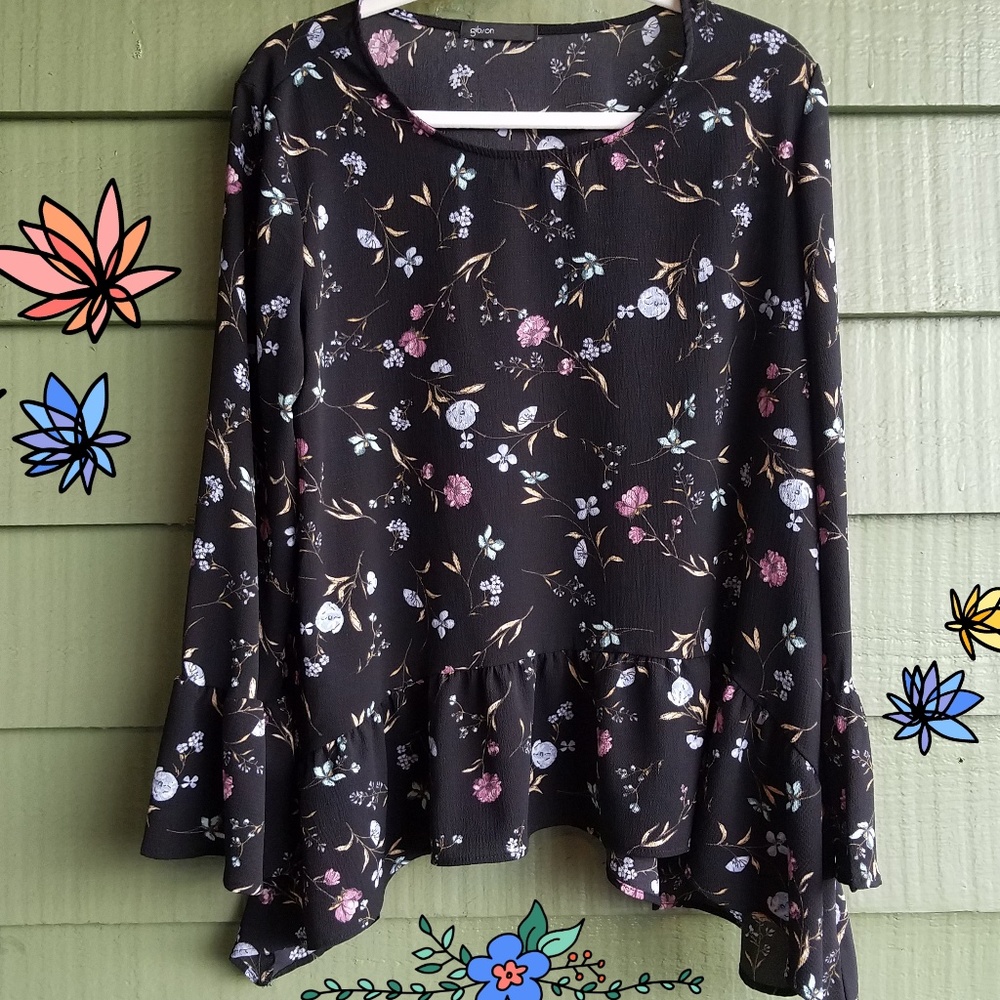 Black Floral Long Bell Sleeve Top Ruffles